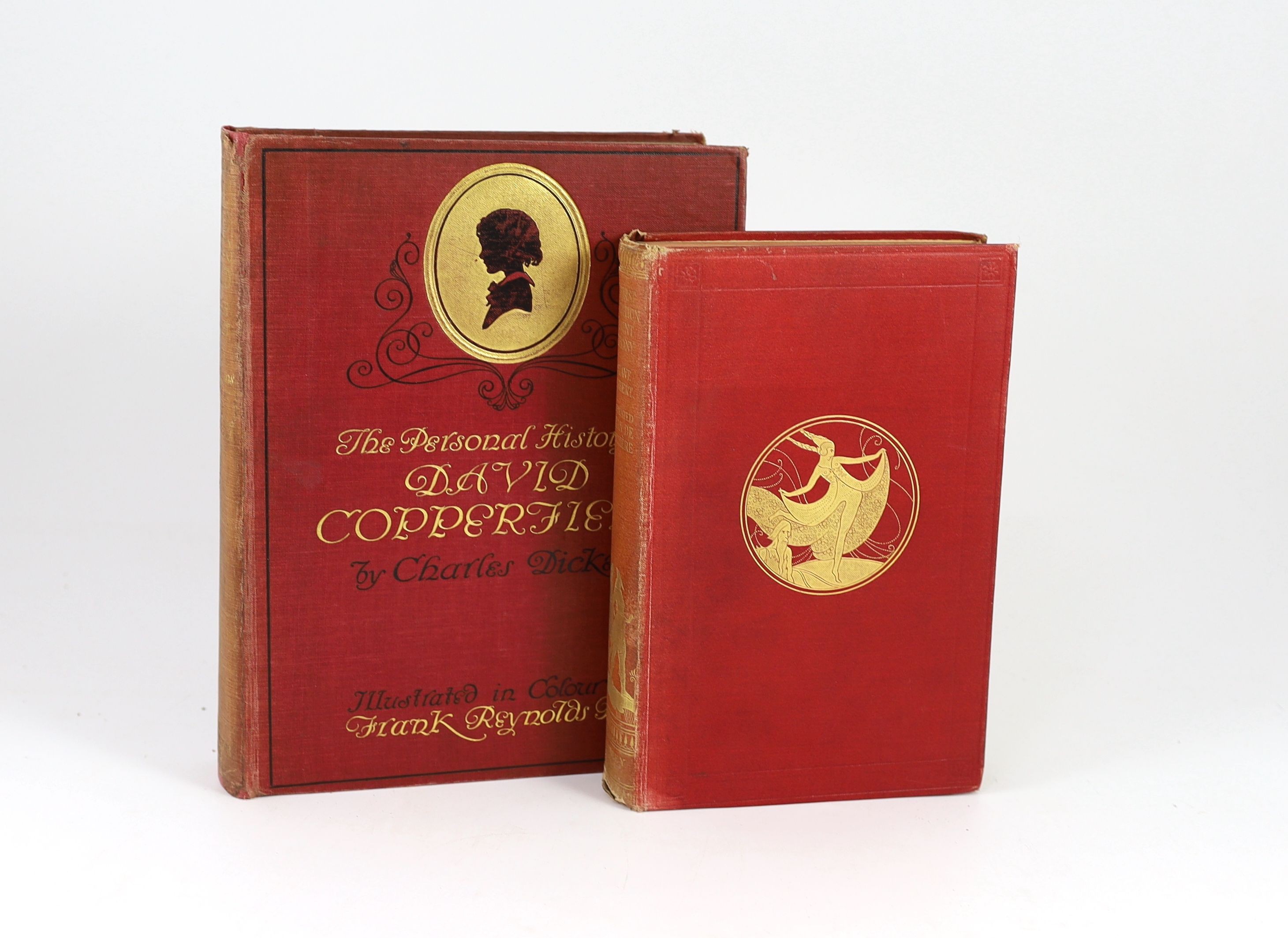 Dickens, Charles - The Personal History of David Copperfield, illustrated with 20 tipped-in colour plates by Frank Reynolds, 4to, original red buckram with silhouette portrait, Westminster Press, London, c. 1911 and Flau